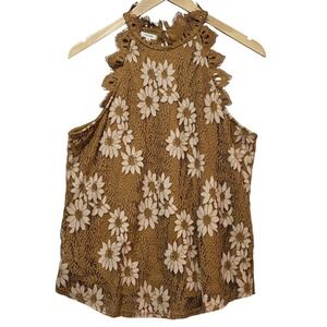 Maurices Womens Large Mustard Yellow Floral Lace High Neck Halter Blouse Top